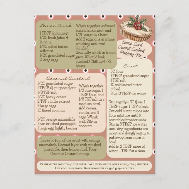 Cartão Postal Receita de Torta de Creme de Coco com Curdo de Lim (Frente)
