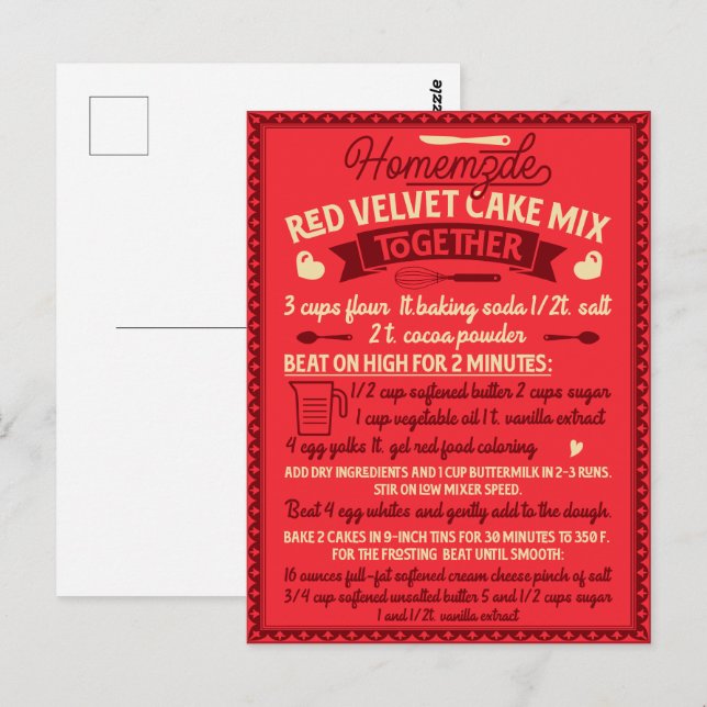 Cartão Postal Receita do Bolo Vermelho de Veludo Homemade do dia (Frente/Verso)