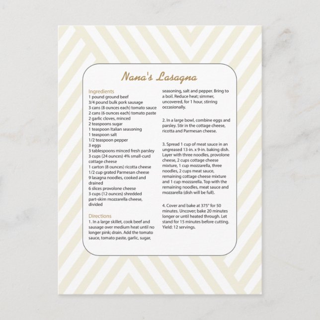 Cartão Postal Receita Favorita da Família Chevron - Lasagna (Frente)