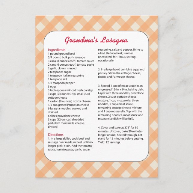 Cartão Postal Receita Favorita da Família Retrô - Lasanha (Frente)