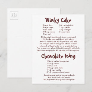 Cartão Postal Receitas de Bolo Maluco e Cobertura de Chocolate