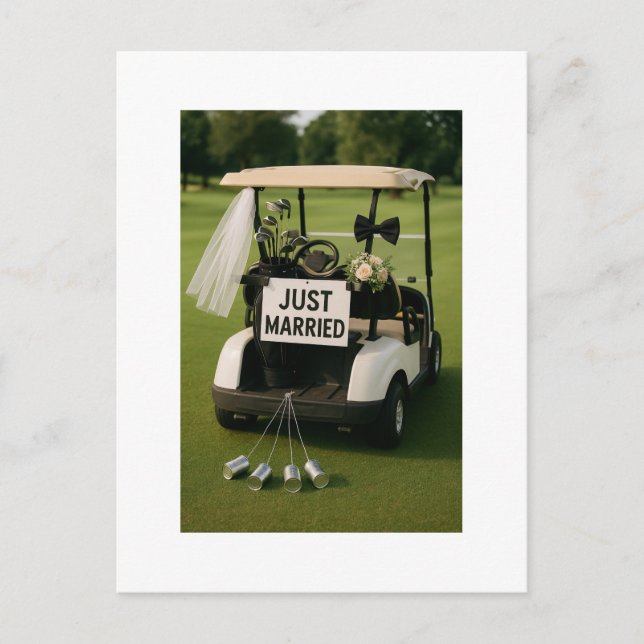 Cartão Postal Recem casados de golfe com carrinho de golfe (Frente)