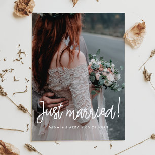 Cartão Postal Recém-casados Foto de casamento com caligrafia mod