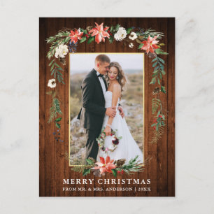 Cartão Postal Recém-Casados Madeira Dourada Aquarela Floral de I