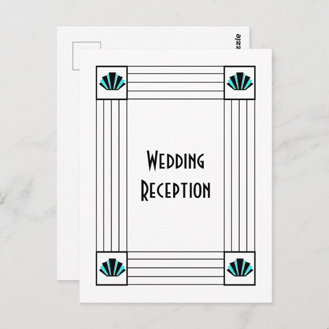 Cartão Postal Recepção de Casamento com Design Art Déco Azul (Frente/Verso)
