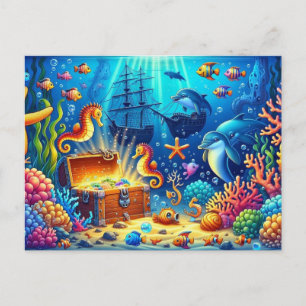 Cartão Postal Recife de Coral Subaquático, Vida Marinha e Cofre 