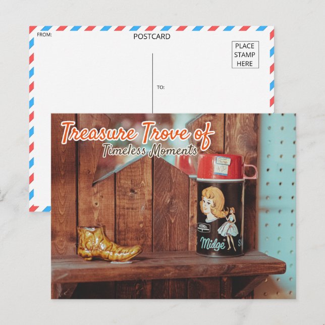 Cartão Postal Recipiente de Lata Antiga e Figurinha de Bota Dour (Frente/Verso)