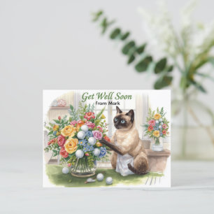 Cartão Postal Recupere-se logo com bola de golfe e flores 