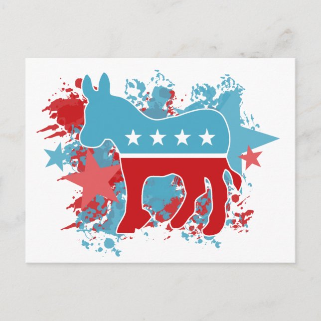 Cartão Postal Red and Blue Paint Splatters Democrata Donkey (Frente)