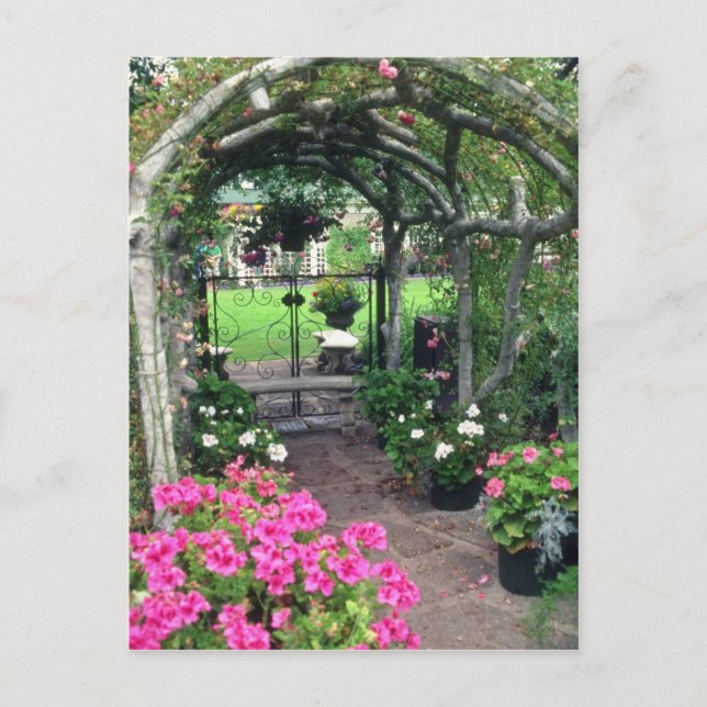 Cartão Postal Red Arch e flores, Victoria, British Columbia, (Frente)