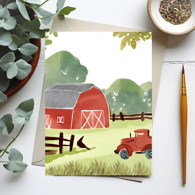 Cartão Postal Red Barn | Pintura do trator de aquarela fazenda (Criador carregado)