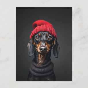 Cartão Postal Red Beanie Dachshund