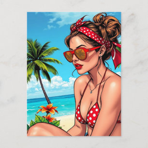 Cartão Postal Red Bikini, óculos de sol e mulher Bandana