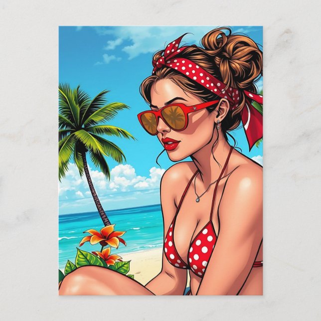 Cartão Postal Red Bikini, óculos de sol e mulher Bandana (Frente)