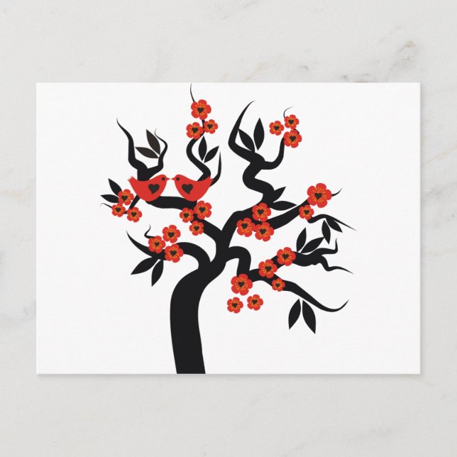 Cartão Postal Red Black Love bird sakura cherry tree & Blossoms (Frente)