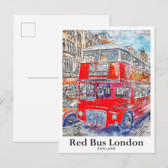 Cartão Postal Red Bus London Art Watercolor Hand Drawn (Frente/Verso)