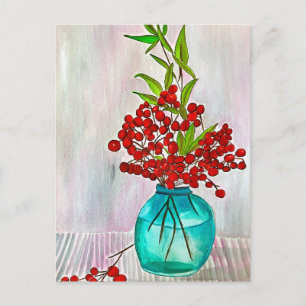 Cartão Postal Red Christmas Berries aquarela arte