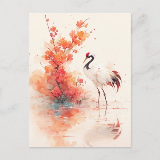 Cartão Postal Red Crowned Crane with Orange Blossom Branch (Frente)