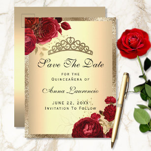 Cartão Postal Red Dourado Floral Rosas Quinceanera Salvar Data