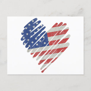 Cartão Postal Red Flag Heart Red White Cute 4 de julho