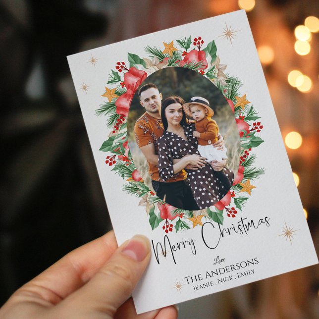 Cartão Postal Red Florals Multi Family Photos Feliz Natal (Red Florals Multi Family Photos Merry Christmas Postcard)