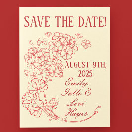 Cartão Postal Red Geraniums no Beige Wedding Save-the-Date (Salv