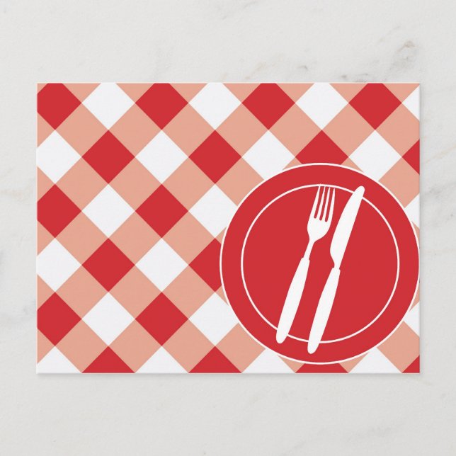 Cartão Postal Red Gingham & Cutlery (Frente)
