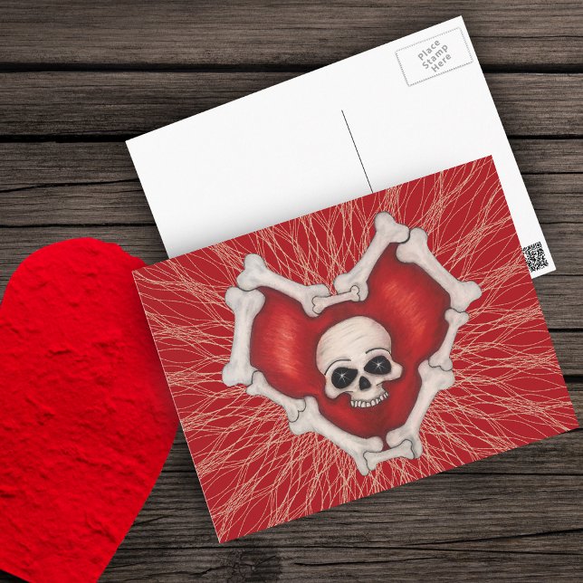 Cartão Postal Red Gothic Heart With Bones White Skull on Lines (Gothic red heart outlined in white bones with skull on red with spidery lines on postcard.)