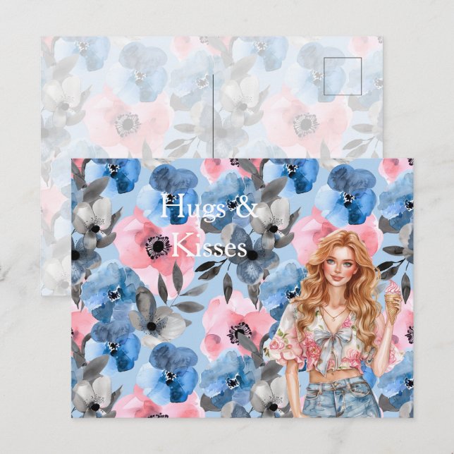Cartão Postal Red Hair Girl Ice Cream Blue Floral Hugs Kisses (Frente/Verso)