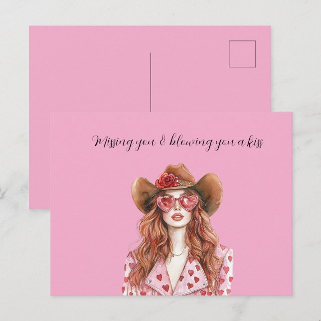 Cartão Postal Red Head Lady Cowgirl Hearts Blowing You A Kiss (Frente/Verso)