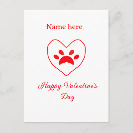 Cartão Postal Red heart dog cat paw happy Valentine's day name 