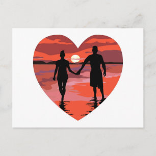 Cartão Postal Red Heart Sunset Beach Segurando Mãos