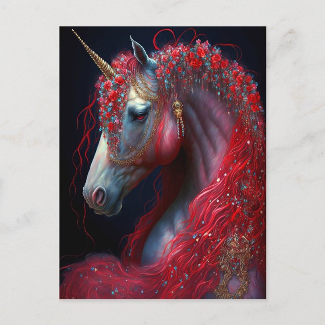 Cartão Postal Red Jeweled Unicorn Fantasy Art (Frente)