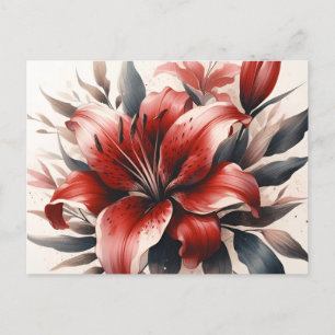 Cartão Postal Red Lily Flower Aestic Vintage Watercolor