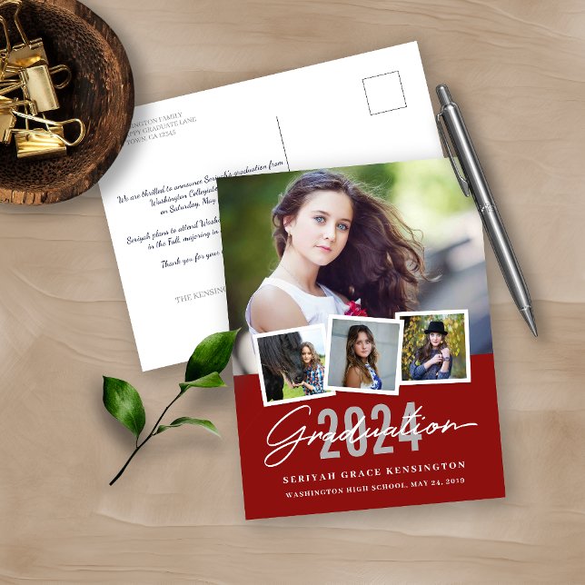 Cartão Postal Red Modern Na moda A Qualquer Ano Graduação 4 Foto (Criador carregado)
