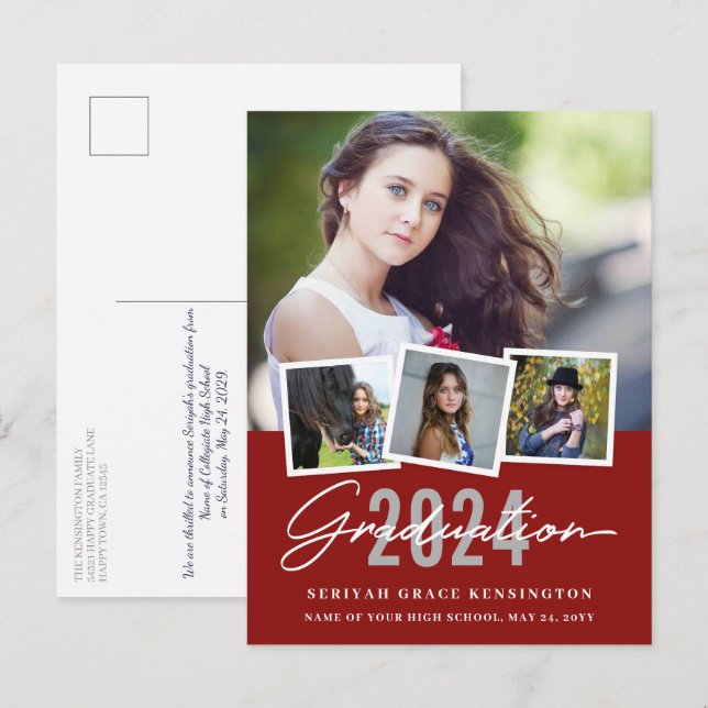 Cartão Postal Red Modern Na moda A Qualquer Ano Graduação 4 Foto (Frente/Verso)