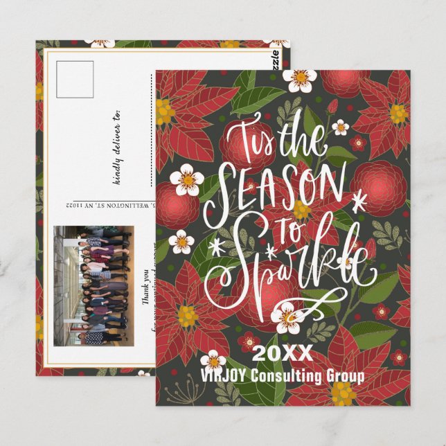 Cartão Postal Red Poinsettia Floral Green Photo Business (Frente/Verso)