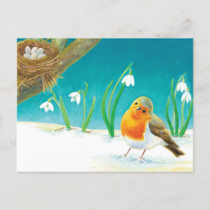 Cartão Postal Red Robin & Early Primavera Snowdrops Ilustração