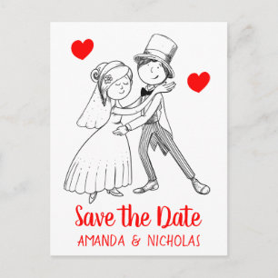 Cartão Postal Red Save the Date Wedding Cartoon Node Groom