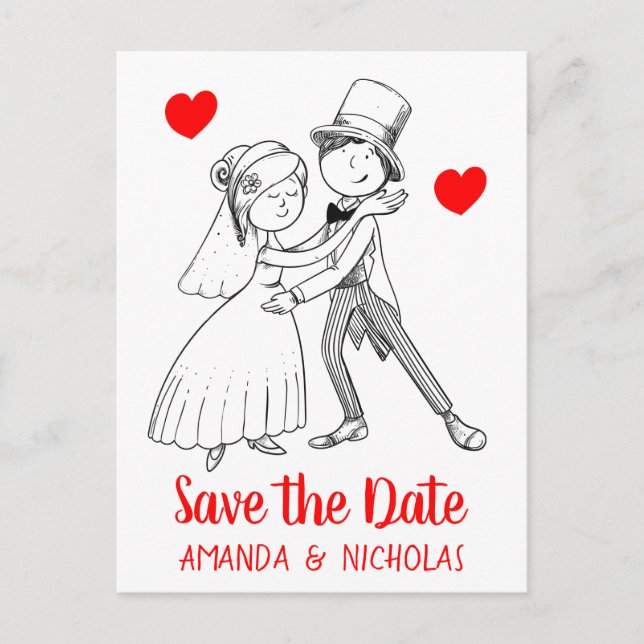 Cartão Postal Red Save the Date Wedding Cartoon Node Groom (Frente)