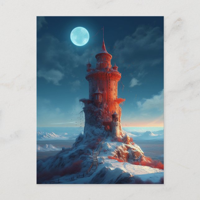 Cartão Postal Red Tower Winter Landscape Fantasia Art (Frente)