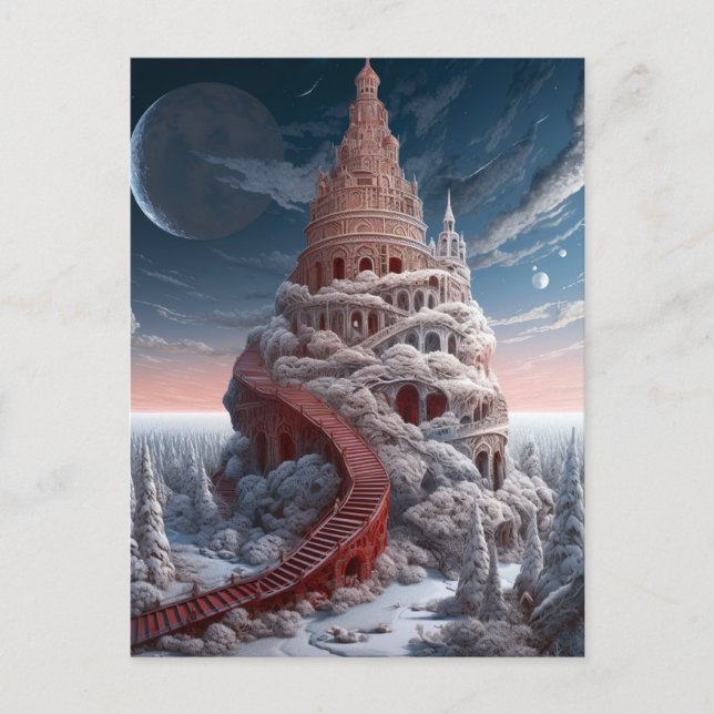 Cartão Postal Red Tower Winter Landscape Fantasy Art (Frente)