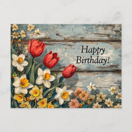 Cartão Postal Red Tulips and Daffofils on Blue Wood