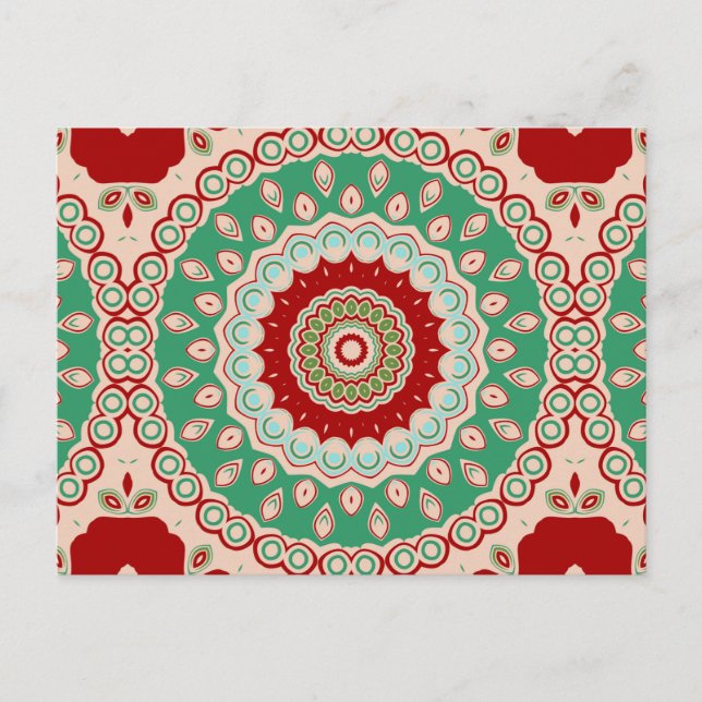 Cartão Postal Red, Verde & Aqua Flores de Caleidoscópio (Frente)