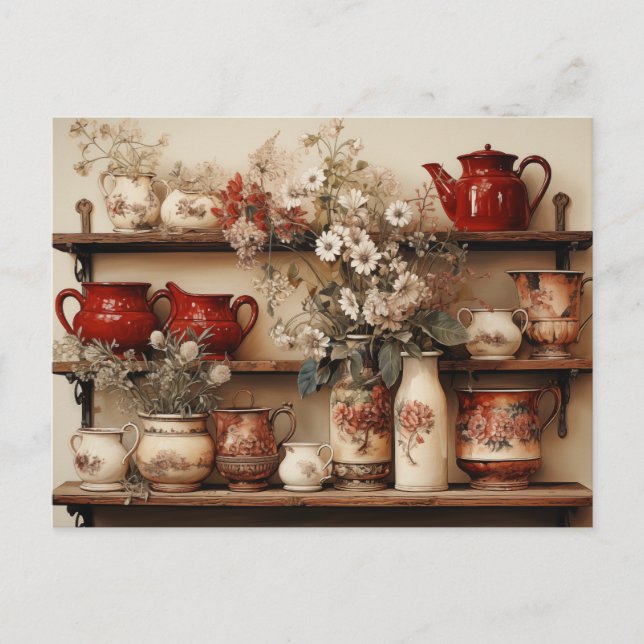 Cartão Postal Red White Dishes Café Pote Creamer Daisies Açúcar (Frente)