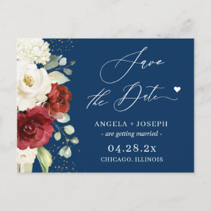 Cartão Postal Red White Floral Marinho Azul Casamento Salva a Da