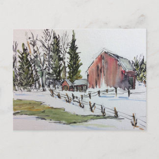 Cartão Postal Red Winter Barn Postcard neve coberta por paisagem