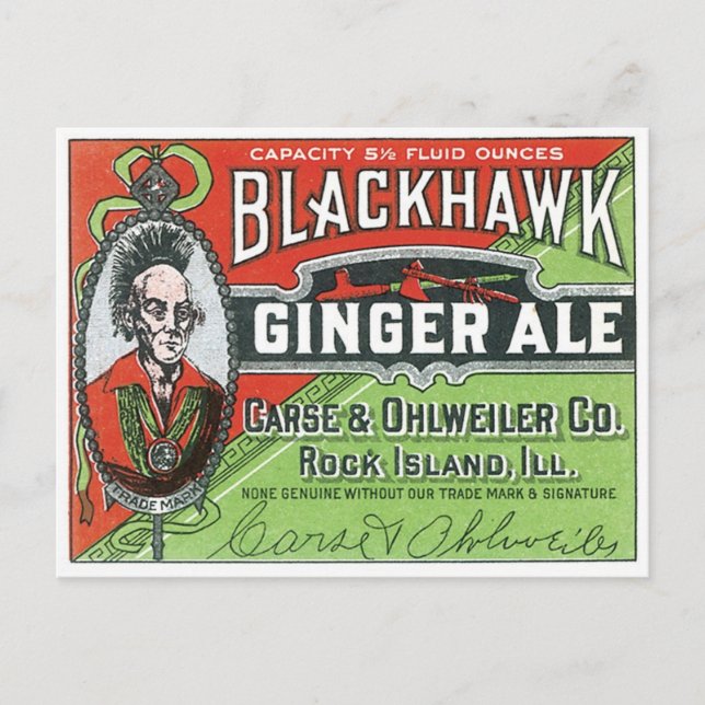 Cartão Postal Refrigerante Blackhawk Ginger Ale Rock Island Illi (Frente)