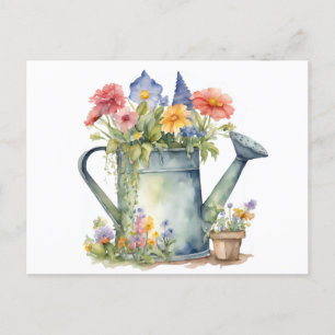 Cartão Postal Regador Pastel com Flores de Jardim Aquarela