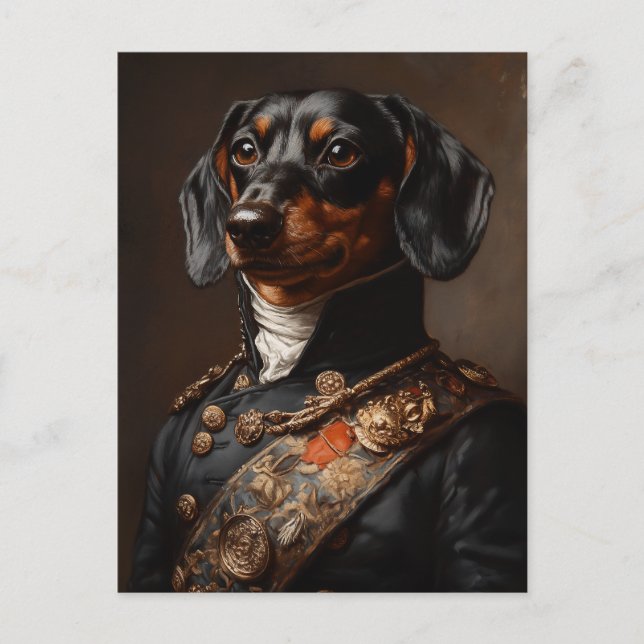 Cartão Postal Regal Dachshund no Uniforme Militar Napoleônico (Frente)